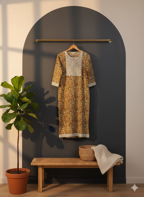 Ftdiva embroidered paisley print straight kurta in light yellow 1