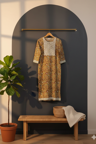 Ftdiva embroidered paisley print straight kurta in light yellow
