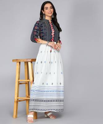 Ftdiva women's rayon anarkali kurti with jacket in white & blue ( jacketed kurti, anarkali kurti, party wear kurti) 1