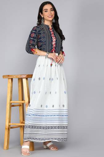 Ftdiva women's rayon anarkali kurti with jacket in white & blue ( jacketed kurti, anarkali kurti, party wear kurti)