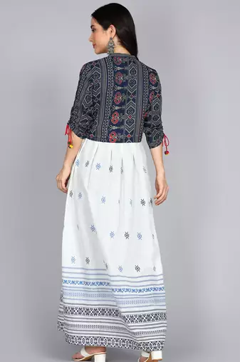 Ftdiva women's rayon anarkali kurti with jacket in white & blue ( jacketed kurti, anarkali kurti, party wear kurti)