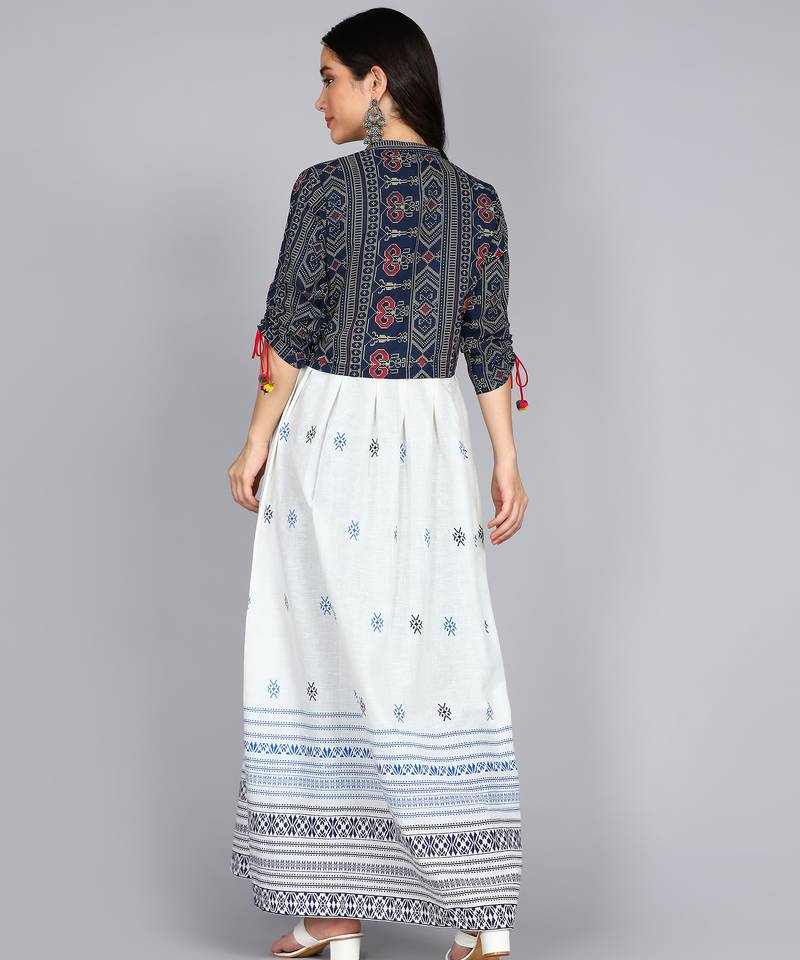 Ftdiva women's rayon anarkali kurti with jacket in white & blue ( jacketed kurti, anarkali kurti, party wear kurti)
