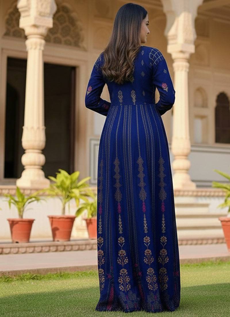 Ftdiva paisley printed anarkali kurta in blue