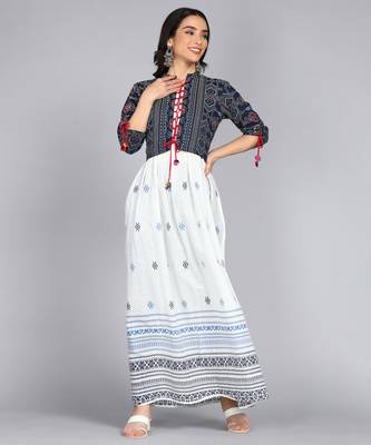 Ftdiva women's rayon anarkali kurti with jacket in white & blue ( jacketed kurti, anarkali kurti, party wear kurti) 4