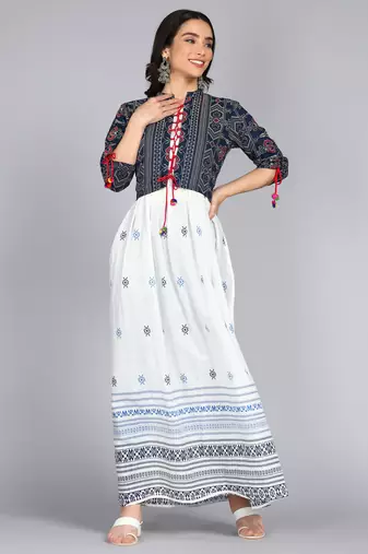 Ftdiva women's rayon anarkali kurti with jacket in white & blue ( jacketed kurti, anarkali kurti, party wear kurti)