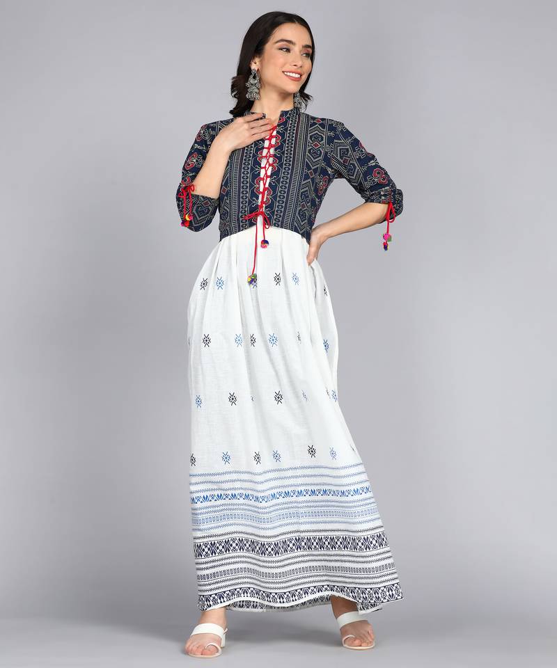 Ftdiva women's rayon anarkali kurti with jacket in white & blue ( jacketed kurti, anarkali kurti, party wear kurti)