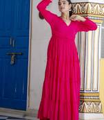 Ftdiva women's solid cotton anarkali kurti in magenta ( long kurti, summer kurti )