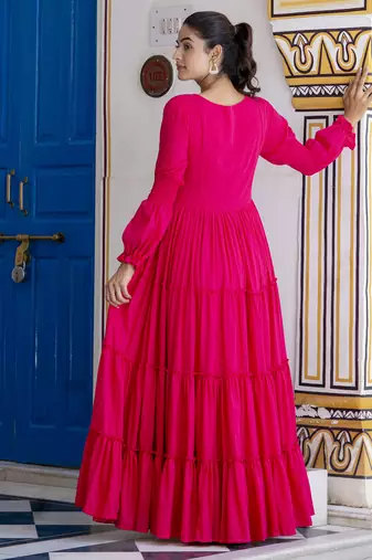 Ftdiva women's solid cotton anarkali kurti in magenta ( long kurti, summer kurti )