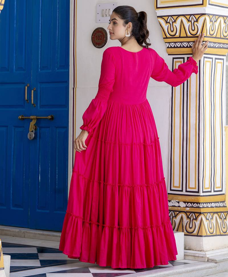 Ftdiva women's solid cotton anarkali kurti in magenta ( long kurti, summer kurti )