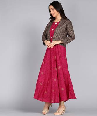 Ftdiva women's rayon anarkali kurti with jacket in deep pink ( anarkali kurti, party wear kurti, pink kurti ) 1