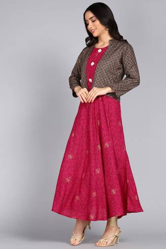 Ftdiva women's rayon anarkali kurti with jacket in deep pink ( anarkali kurti, party wear kurti, pink kurti )