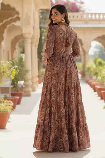 Ftdiva women's embroidebrown anarkali brown printed kurti in rayon