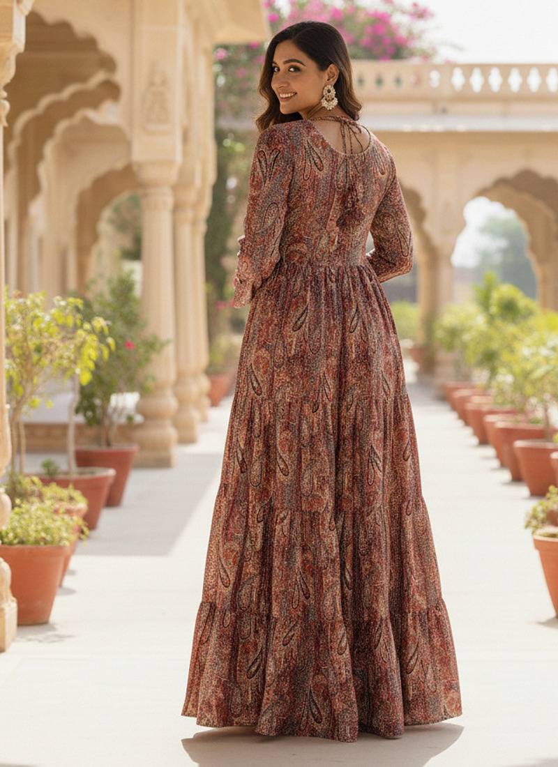 Ftdiva women's embroidebrown anarkali brown printed kurti in rayon