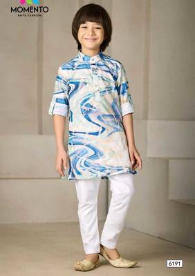 cream & blue printed kurta for boys ethnic wear 1