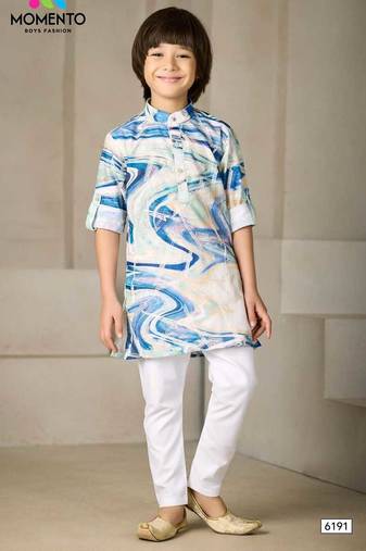 cream & blue printed kurta for boys ethnic wear
