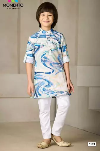 cream & blue printed kurta for boys ethnic wear