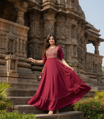 Ftdiva women's  embroidered anarkali red printed kurti in rayon