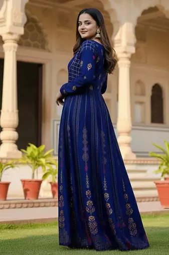 Ftdiva paisley printed anarkali kurta in blue