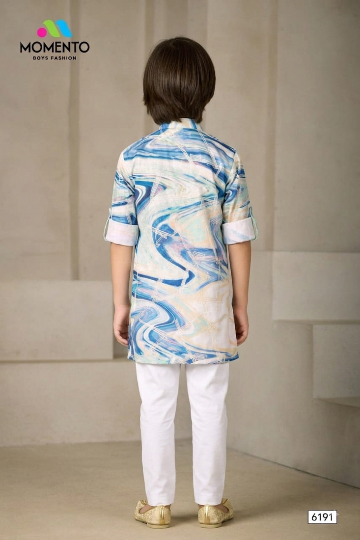 cream & blue printed kurta for boys ethnic wear