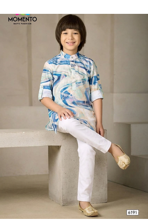 cream & blue printed kurta for boys ethnic wear 3