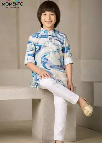 cream & blue printed kurta for boys ethnic wear