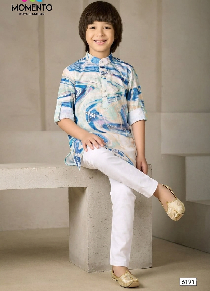 cream & blue printed kurta for boys ethnic wear