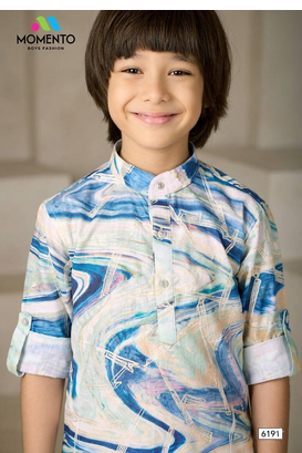 cream & blue printed kurta for boys ethnic wear 4