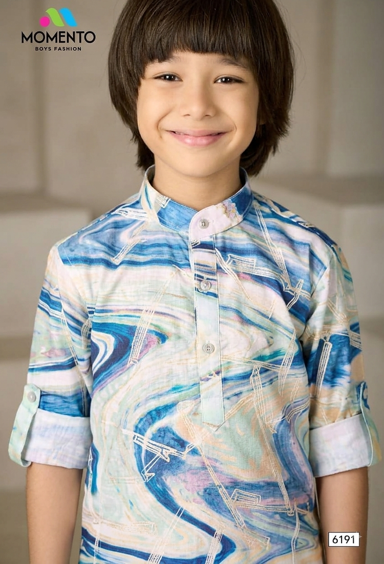 cream & blue printed kurta for boys ethnic wear