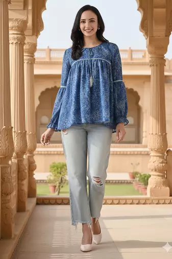 Ftdiva women's blue printed kruti in rayon