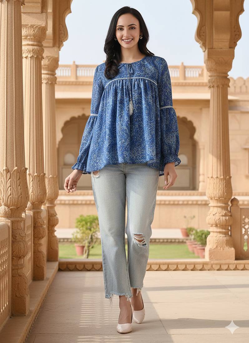 Ftdiva women's blue printed kruti in rayon