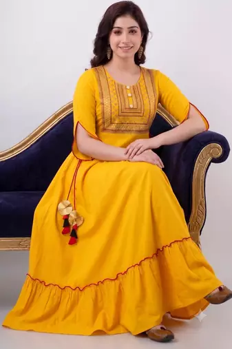 Ftdiva embroidered anarkali kurta in yellow