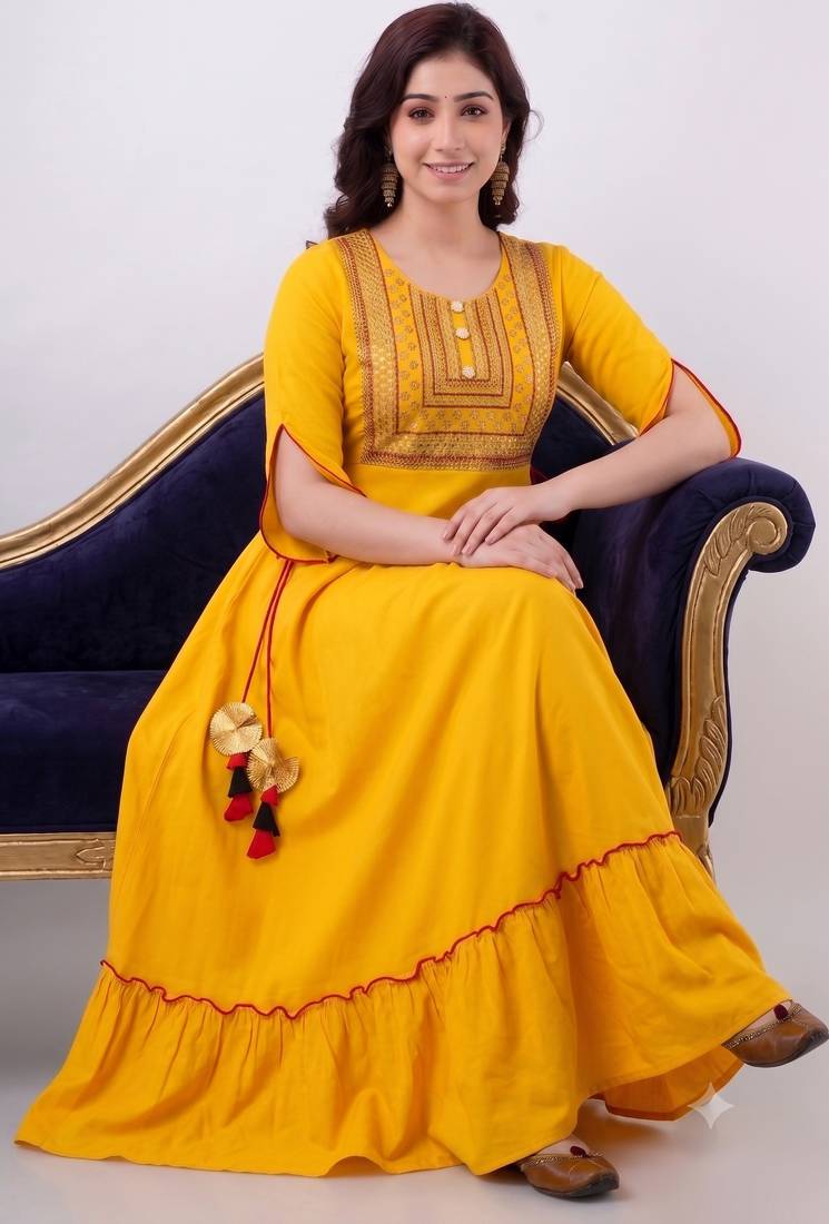 Ftdiva embroidered anarkali kurta in yellow