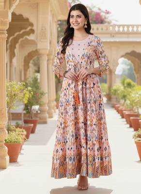 Ftdiva women's  embroidered anarkali pink printed kurti in rayon 1
