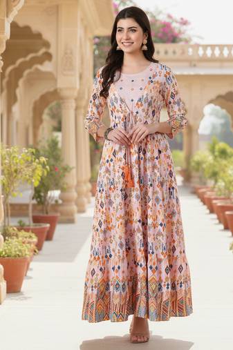 Ftdiva women's  embroidered anarkali pink printed kurti in rayon