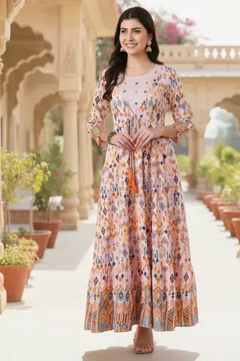 Ftdiva women's  embroidered anarkali pink printed kurti in rayon