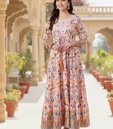 Ftdiva women's  embroidered anarkali pink printed kurti in rayon