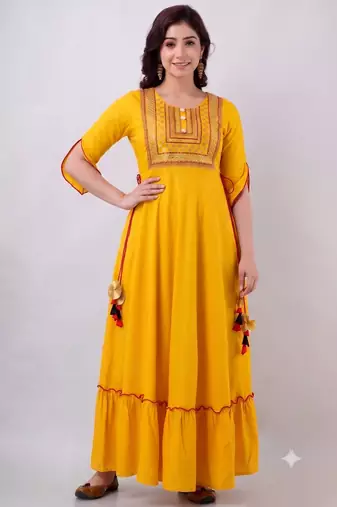 Ftdiva embroidered anarkali kurta in yellow