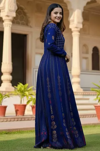 Ftdiva paisley printed anarkali kurta in blue
