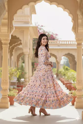 Ftdiva women's  embroidered anarkali pink printed kurti in rayon