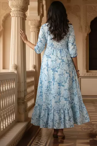 Ftdiva women's  embroidered anarkali blue printed kurti in rayon