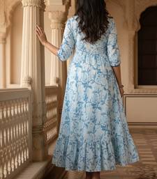 Ftdiva women's  embroidered anarkali blue printed kurti in rayon