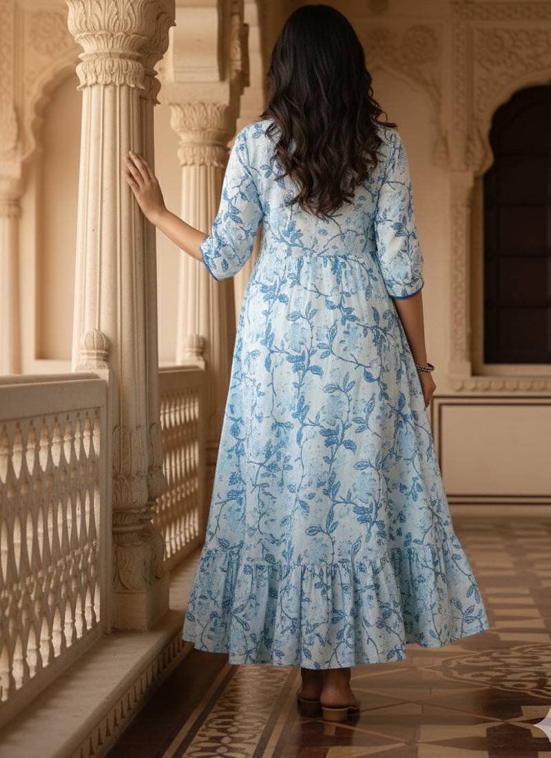 Ftdiva women's  embroidered anarkali blue printed kurti in rayon