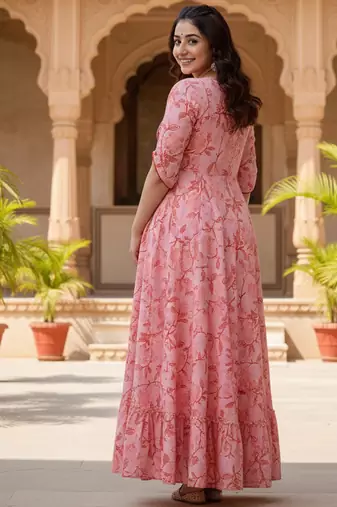 Ftdiva women's  embroidered anarkali pink printed kurti in rayon