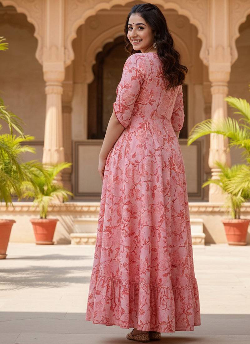 Ftdiva women's  embroidered anarkali pink printed kurti in rayon