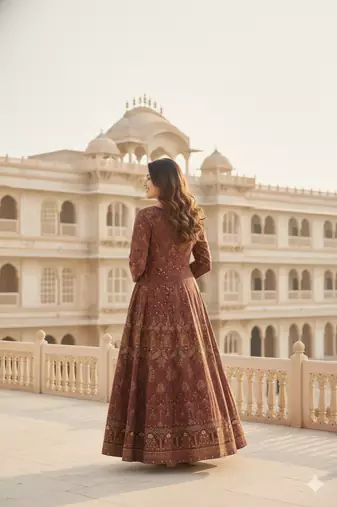 Ftdiva women's embroidered anarkali brown printed kurti in rayon