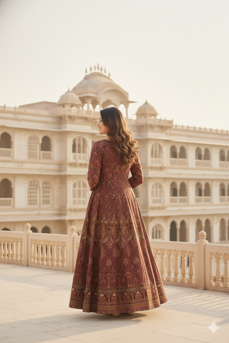 Ftdiva women's embroidered anarkali brown printed kurti in rayon