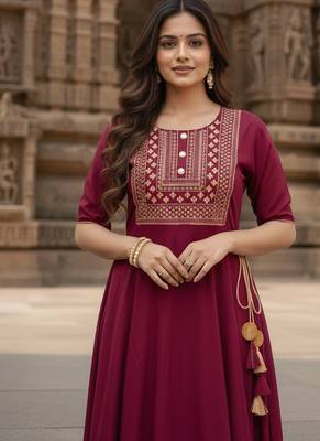 Ftdiva women's  embroidered anarkali red printed kurti in rayon 2