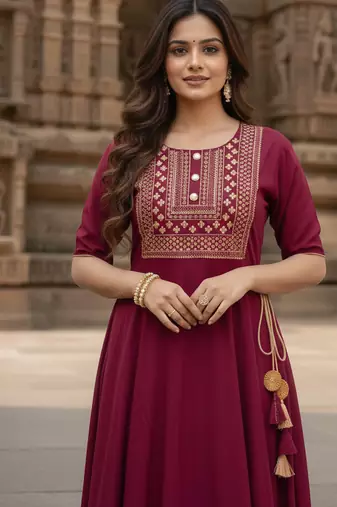Ftdiva women's  embroidered anarkali red printed kurti in rayon