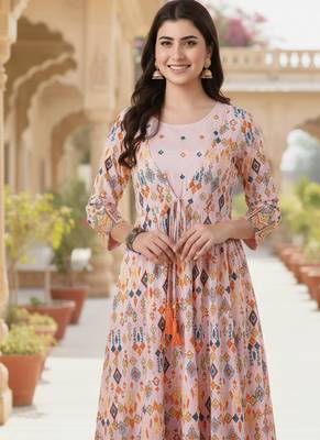 Ftdiva women's  embroidered anarkali pink printed kurti in rayon 3