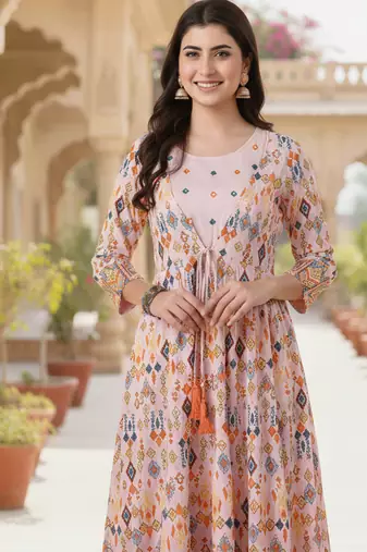 Ftdiva women's  embroidered anarkali pink printed kurti in rayon